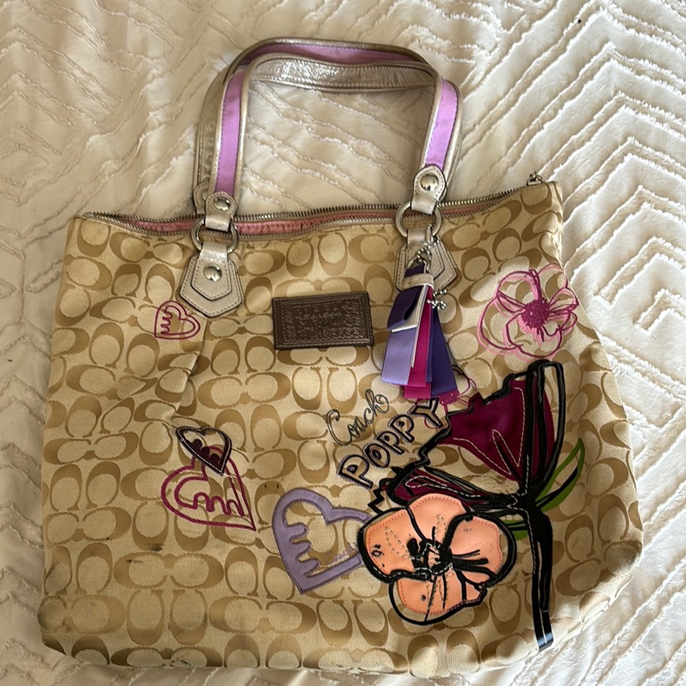 Coach Tan and Purple Tote with Floral Accents
